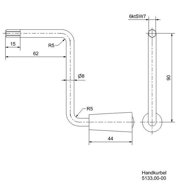 Handkurbel 6kt SW7 l Achsenlänge 62mm l Ausladung 90mm l Einstecktiefe 15mm Zeichnung